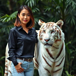 A beautiful Asian woman with shoulder-length hair and fair skin, wearing a crisp black shirt and light blue jeans, standing confidently beside a majestic white tiger