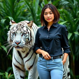 A beautiful Asian woman with shoulder-length hair and fair skin, wearing a crisp black shirt and light blue jeans, standing confidently beside a majestic white tiger