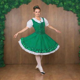 An Irish step dancer in traditional clothing, executing precise footwork on a wooden stage, with a vibrant green shamrock-filled backdrop.