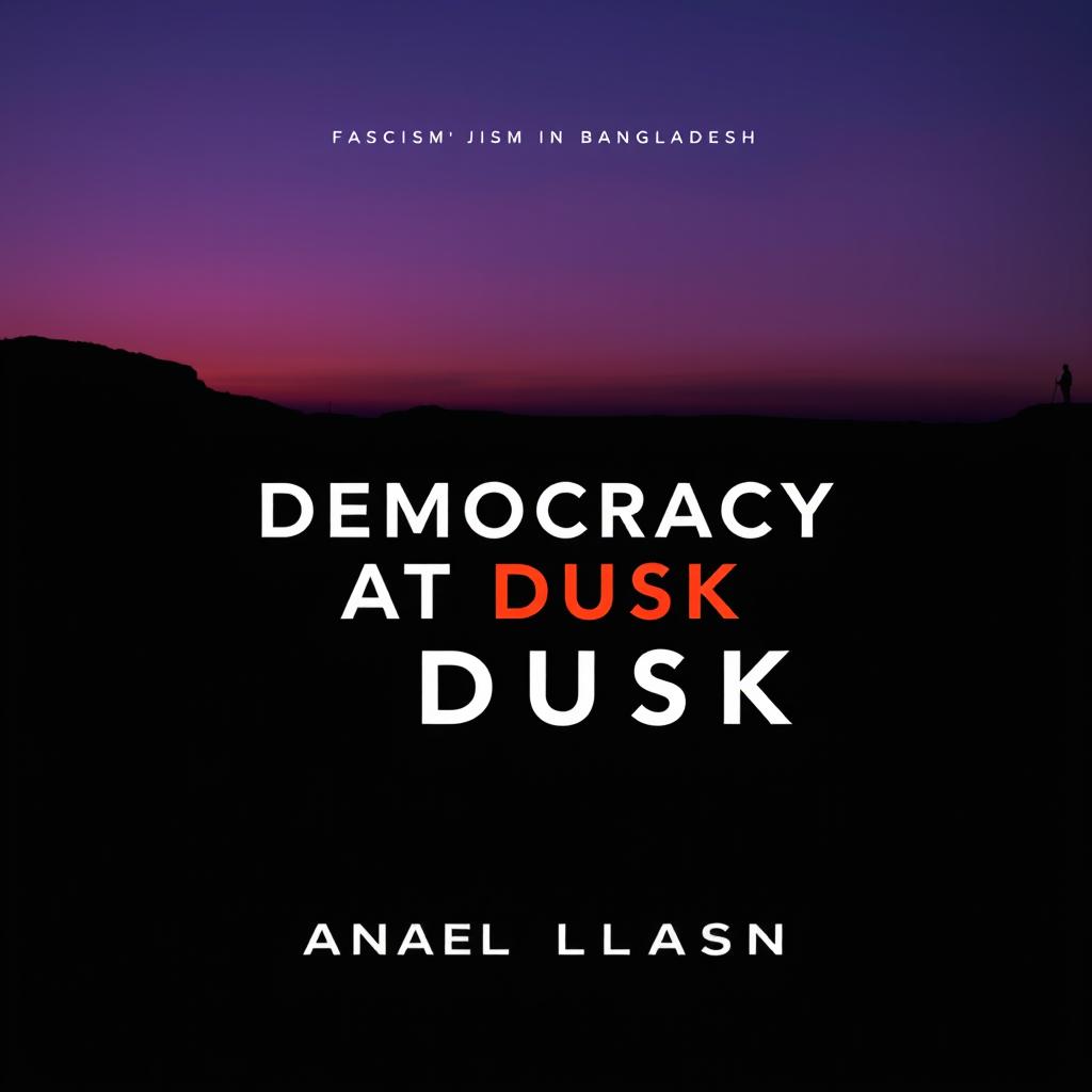 A modern book cover for the title "Democracy at Dusk," addressing the topic of fascism in Bangladesh