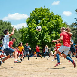 A vibrant and dynamic scene featuring a chaotic soccer ball game in an urban park during a sunny day