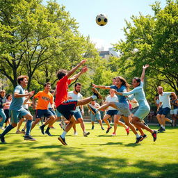 A vibrant and dynamic scene featuring a chaotic soccer ball game in an urban park during a sunny day