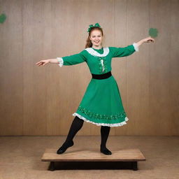 An Irish step dancer in traditional clothing, executing precise footwork on a wooden stage, with a vibrant green shamrock-filled backdrop.