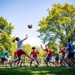 A vibrant and dynamic scene featuring a chaotic soccer ball game in an urban park during a sunny day