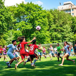 A vibrant and dynamic scene featuring a chaotic soccer ball game in an urban park during a sunny day