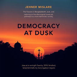 A modern book cover for the title "Democracy at Dusk," focusing on fascism in Bangladesh and exploring potential pathways to a more democratic society