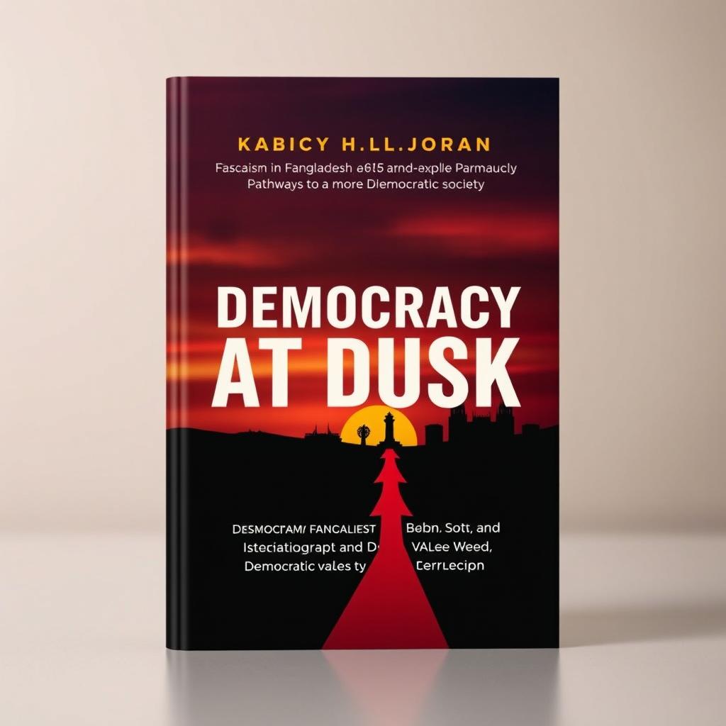 A modern book cover for the title "Democracy at Dusk," focusing on fascism in Bangladesh and exploring potential pathways to a more democratic society