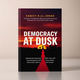 A modern book cover for the title "Democracy at Dusk," focusing on fascism in Bangladesh and exploring potential pathways to a more democratic society