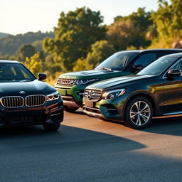 A photo-realistic depiction of a luxury car lineup featuring a BMW, a Land Rover, and a Mercedes sedan, parked on a scenic road with lush greenery in the background