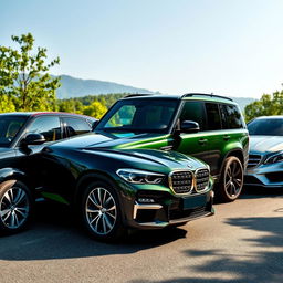 A photo-realistic depiction of a luxury car lineup featuring a BMW, a Land Rover, and a Mercedes sedan, parked on a scenic road with lush greenery in the background