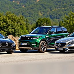 A photo-realistic depiction of a luxury car lineup featuring a BMW, a Land Rover, and a Mercedes sedan, parked on a scenic road with lush greenery in the background