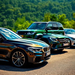 A photo-realistic depiction of a luxury car lineup featuring a BMW, a Land Rover, and a Mercedes sedan, parked on a scenic road with lush greenery in the background