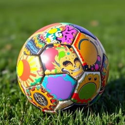 A football (soccer ball) with a chaotic and colorful design, featuring intricate patterns and vibrant colors on both the front and back