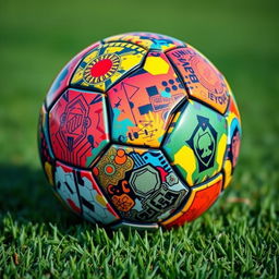 A football (soccer ball) with a chaotic and colorful design, featuring intricate patterns and vibrant colors on both the front and back