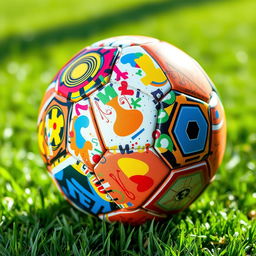 A football (soccer ball) with a chaotic and colorful design, featuring intricate patterns and vibrant colors on both the front and back