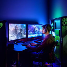 A young individual engrossed in an engaging online game on a low-budget but functional gaming setup, with dim ambient lighting enhancing the glowing screens.