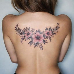 Create an elegant yet cool lower back tattoo design incorporating floral motifs and subtle luxury elements. The design should maintain a balance of intricacy and simplicity, capturing the eye without overwhelming.