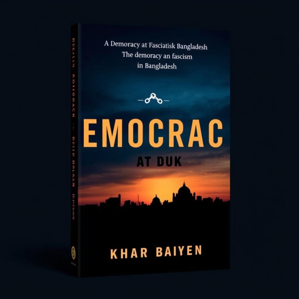 A modern book cover design for 'Democracy at Dusk', featuring a striking juxtaposition of light and shadow to symbolize the tension between democracy and fascism in Bangladesh