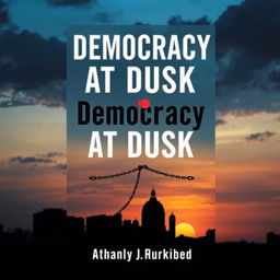 A modern book cover design for 'Democracy at Dusk', featuring a striking juxtaposition of light and shadow to symbolize the tension between democracy and fascism in Bangladesh