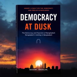 A modern book cover design for 'Democracy at Dusk', featuring a striking juxtaposition of light and shadow to symbolize the tension between democracy and fascism in Bangladesh