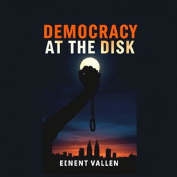 A modern book cover design for 'Democracy at Dusk', featuring a striking juxtaposition of light and shadow to symbolize the tension between democracy and fascism in Bangladesh