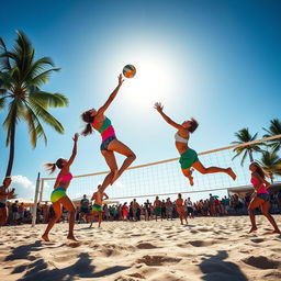 A dynamic and action-packed scene of a volleyball game in a vibrant tropical setting, featuring athletes in colorful sportswear diving and spiking the ball