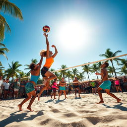 A dynamic and action-packed scene of a volleyball game in a vibrant tropical setting, featuring athletes in colorful sportswear diving and spiking the ball