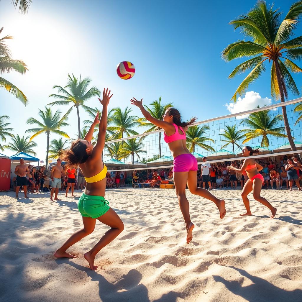 A dynamic and action-packed scene of a volleyball game in a vibrant tropical setting, featuring athletes in colorful sportswear diving and spiking the ball