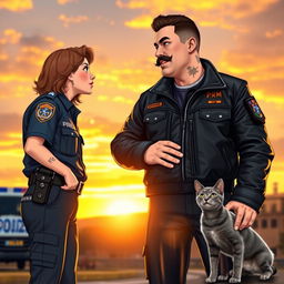 A beautiful sunset backdrop with a PRF (Polícia Rodoviária Federal) officer and a PM (Polícia Militar) officer looking at each other and smiling affectionately