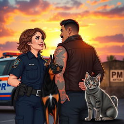 A beautiful sunset backdrop with a PRF (Polícia Rodoviária Federal) officer and a PM (Polícia Militar) officer looking at each other and smiling affectionately