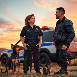 A beautiful sunset backdrop with a PRF (Polícia Rodoviária Federal) officer and a PM (Polícia Militar) officer looking at each other and smiling affectionately