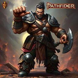 A powerful brawler character inspired by the Pathfinder game system, featuring a muscular physique and an intense expression