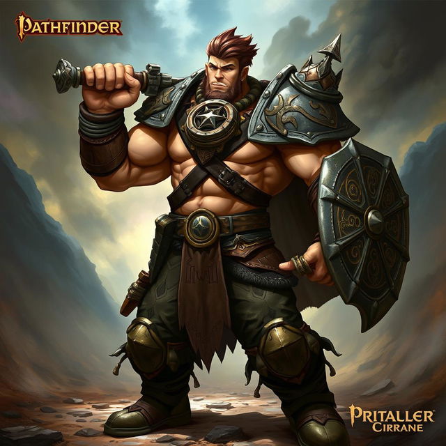 A powerful brawler character inspired by the Pathfinder game system, featuring a muscular physique and an intense expression