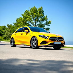 A sleek, modern Mercedes A200 in a vibrant yellow color parked elegantly against a scenic backdrop