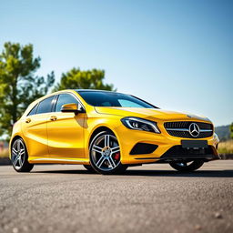 A sleek, modern Mercedes A200 in a vibrant yellow color parked elegantly against a scenic backdrop