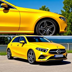 A sleek, modern Mercedes A200 in a vibrant yellow color parked elegantly against a scenic backdrop