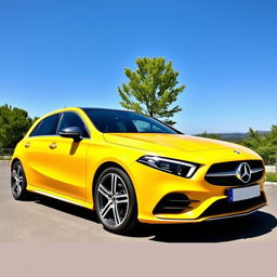 A sleek, modern Mercedes A200 in a vibrant yellow color parked elegantly against a scenic backdrop