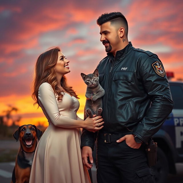 A captivating sunset scene where a PRF (Polícia Rodoviária Federal) officer and a PM (Polícia Militar) officer are gazing at each other and smiling warmly