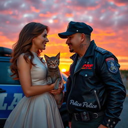 A captivating sunset scene where a PRF (Polícia Rodoviária Federal) officer and a PM (Polícia Militar) officer are gazing at each other and smiling warmly