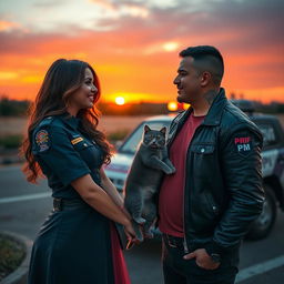 A captivating sunset scene where a PRF (Polícia Rodoviária Federal) officer and a PM (Polícia Militar) officer are gazing at each other and smiling warmly