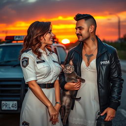 A captivating sunset scene where a PRF (Polícia Rodoviária Federal) officer and a PM (Polícia Militar) officer are gazing at each other and smiling warmly