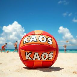 A vibrant image of a red volleyball with the word 'KAOS' prominently displayed on it