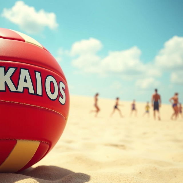 A vibrant image of a red volleyball with the word 'KAOS' prominently displayed on it