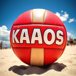 A vibrant image of a red volleyball with the word 'KAOS' prominently displayed on it