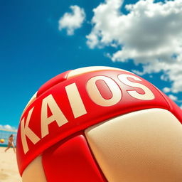 A vibrant image of a red volleyball with the word 'KAOS' prominently displayed on it