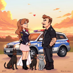 A romantic and charming illustration featuring a PRF (Polícia Rodoviária Federal) officer and a PM (Polícia Militar) officer gazing at each other and smiling