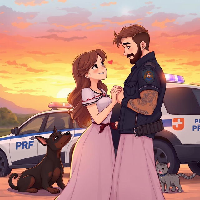 A romantic and charming illustration featuring a PRF (Polícia Rodoviária Federal) officer and a PM (Polícia Militar) officer gazing at each other and smiling