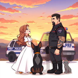 A romantic and charming illustration featuring a PRF (Polícia Rodoviária Federal) officer and a PM (Polícia Militar) officer gazing at each other and smiling