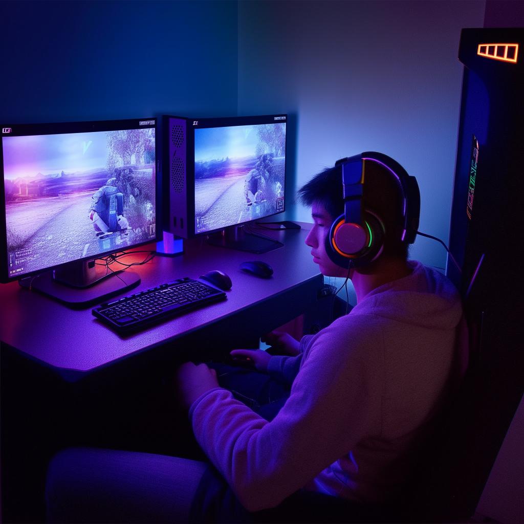 A young individual engrossed in an engaging online game on a low-budget but functional gaming setup, with dim ambient lighting enhancing the glowing screens.