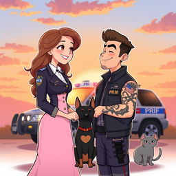 A heartwarming illustration depicting a PRF (Polícia Rodoviária Federal) officer and a PM (Polícia Militar) officer smiling at each other with affection